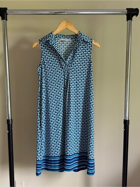 Max Studio Teal and Navy Geometric Boat-Print Top